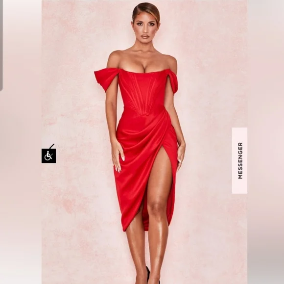 House of CB | Dresses | Red Asymmetric Drape Midi Corset Dress | Poshmark